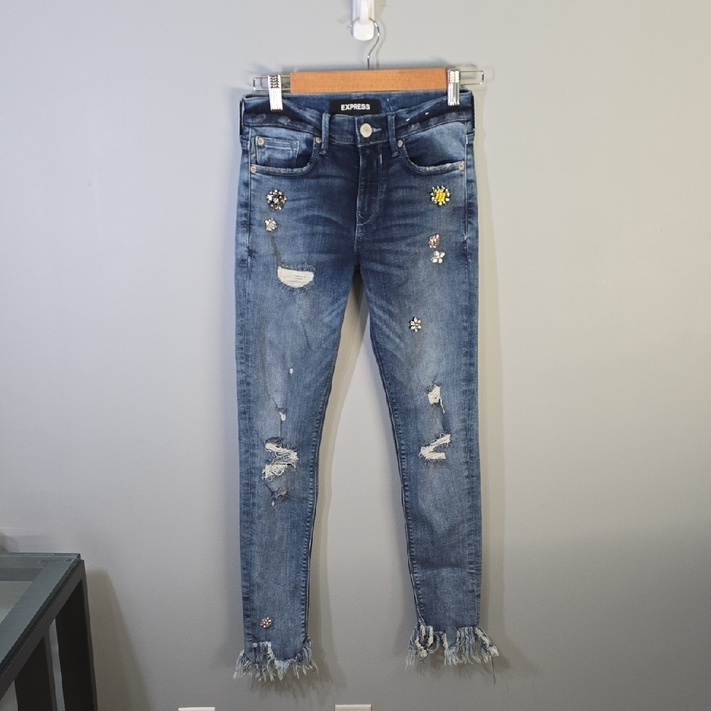 Embellished Fesitival Express Jeans Womens Size 00‎ Blue Stretch Legging